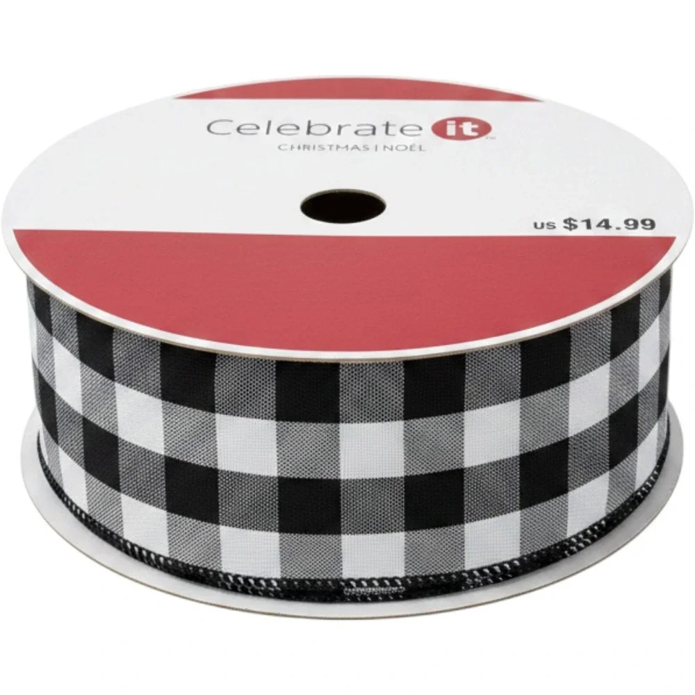Celebrate It Black White‎ Buffalo Plaid Wired Jumbo Ribbon 2.5in x 75ft 627000